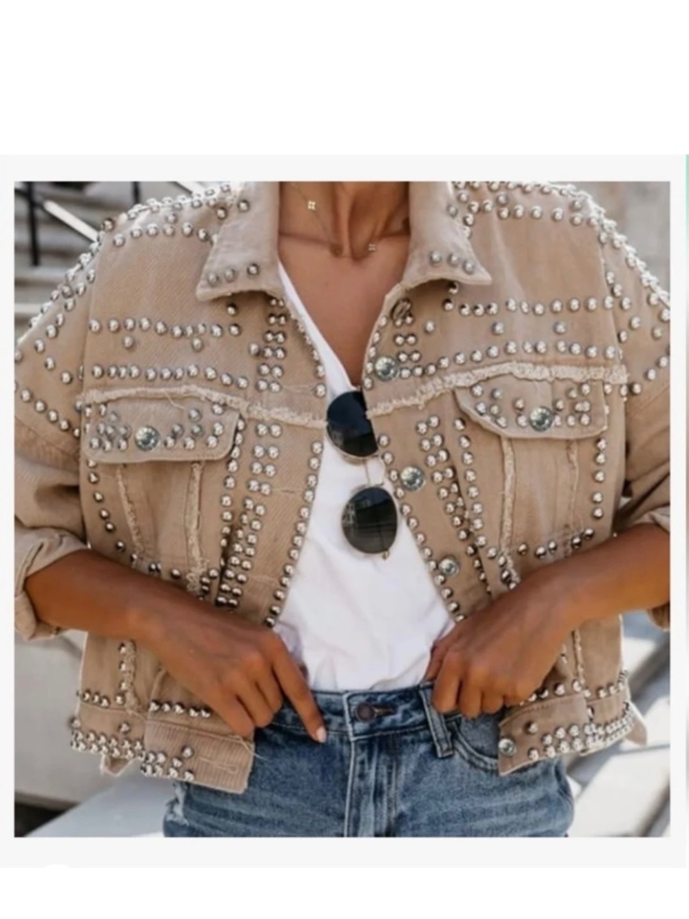 Studded Denim Jacket-Omoone